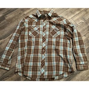 Wrangler Shirt Mens XL Blue Brown Plaid Up Pearl Snaps Rancher Work Cotton